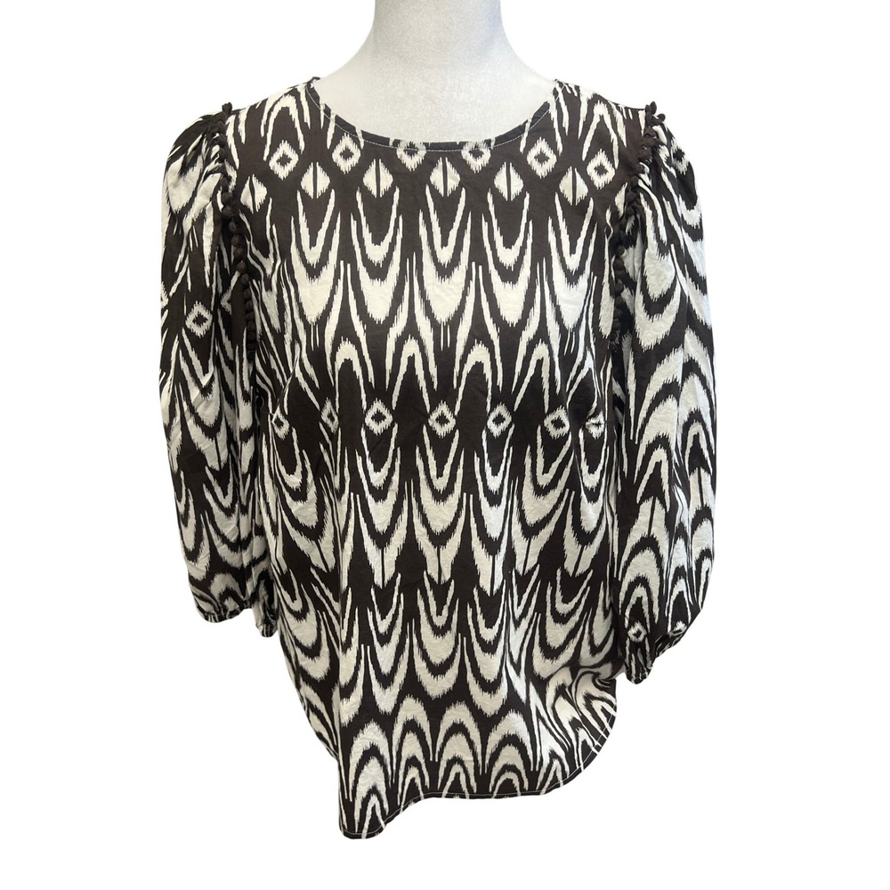 Oui Blouse Ikat Geometric Puff Sleeve‎ Black White Sz 10 Boho Office Workwear